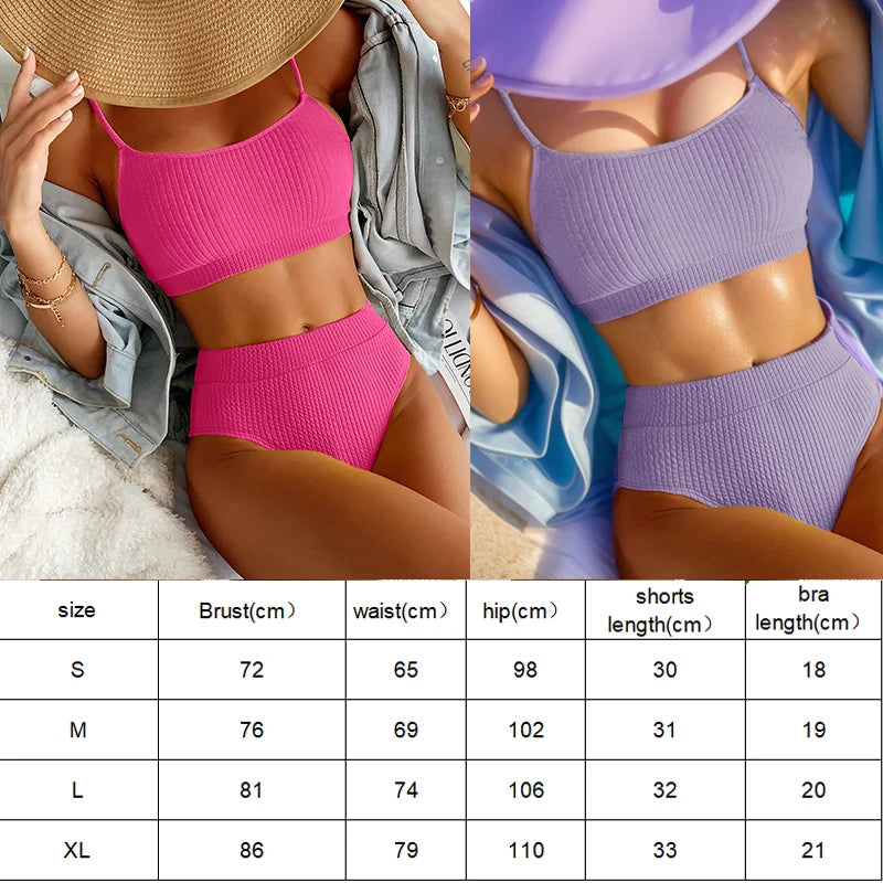 Female Swimming Suit Screw Thread Bikini Set 2 Pieces Sport Beach Suit Sport Bra with Triangle Shorts