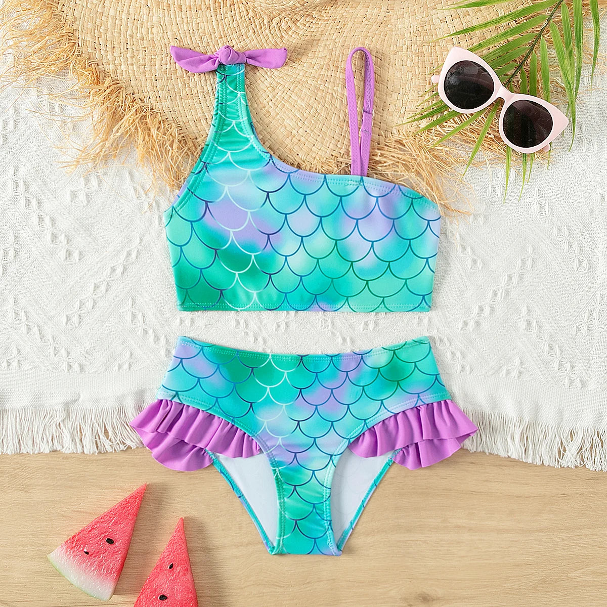 Fish Scale Print Ruffle Deco Stretchy Beach Surf Girls Kids Bikinis Adjustable Kids Beach Swimwear Swimsuit