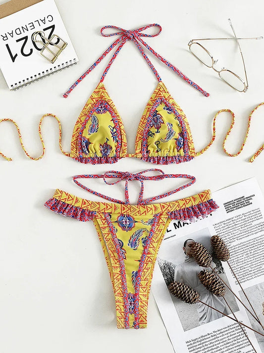 Flroral Printed Halter Ruffled Frilled Bikini Swimwear Female Swimsuit Two-pieces Bikini set Thong Bathing Suit Swim