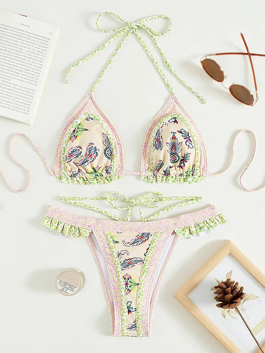 Flroral Printed Halter Ruffled Frilled Bikini Swimwear Female Swimsuit Two-pieces Bikini set Thong Bathing Suit Swim