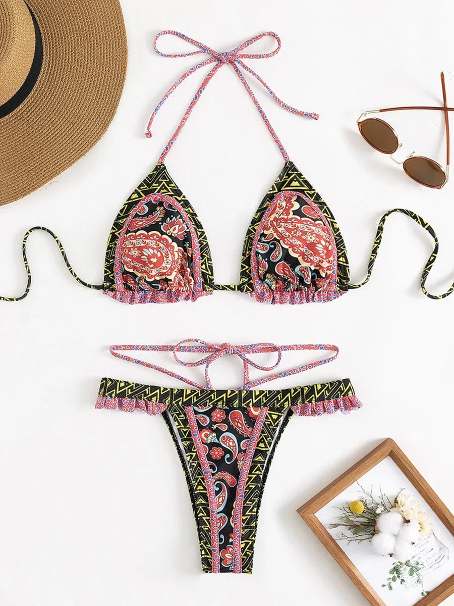 Flroral Printed Halter Ruffled Frilled Bikini Swimwear Female Swimsuit Two-pieces Bikini set Thong Bathing Suit Swim