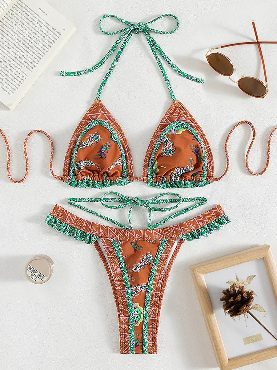 Flroral Printed Halter Ruffled Frilled Bikini Swimwear Female Swimsuit Two-pieces Bikini set Thong Bathing Suit Swim