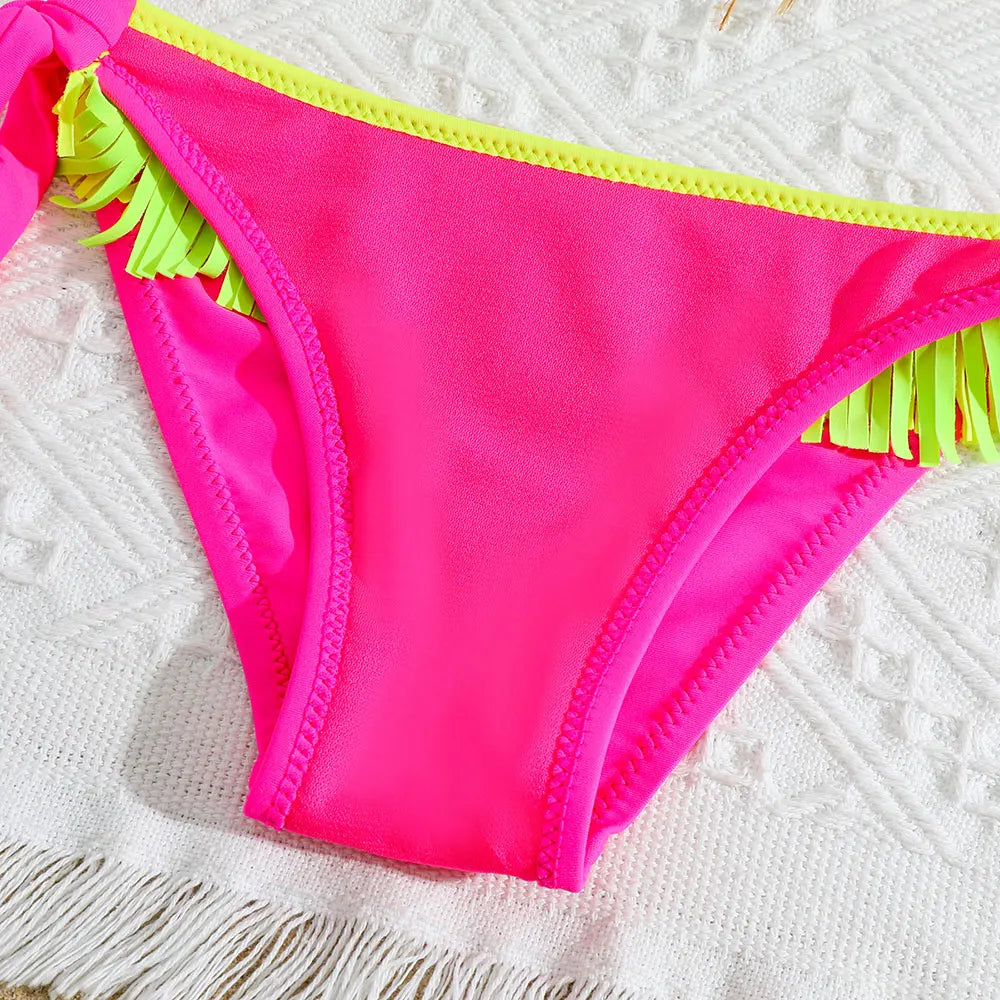 Girls Patchwork Fringe Bikini Swimsuit Kids Halter Top Two Piece Children's Swimwear 5-12 Years Tie Side Bathing Suit Beachwear