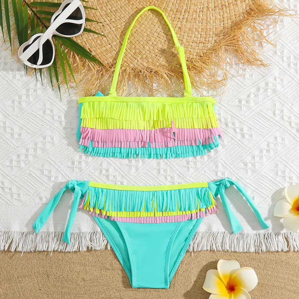 Girls Patchwork Fringe Bikini Swimsuit Kids Halter Top Two Piece Children's Swimwear 5-12 Years Tie Side Bathing Suit Beachwear