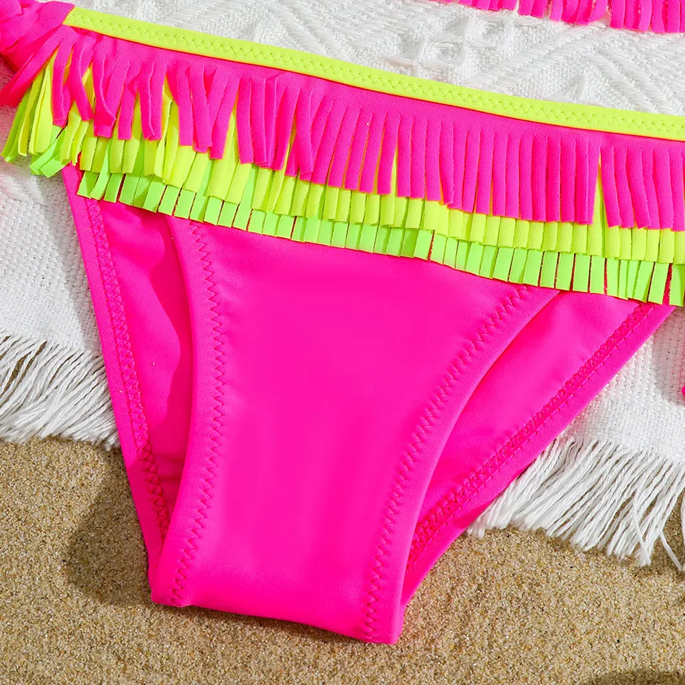 Girls Patchwork Fringe Bikini Swimsuit Kids Halter Top Two Piece Children's Swimwear 5-12 Years Tie Side Bathing Suit Beachwear