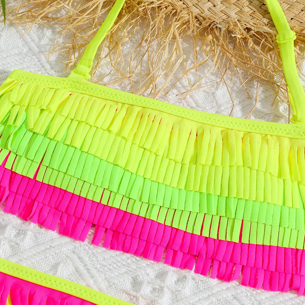 Girls Patchwork Fringe Bikini Swimsuit Kids Halter Top Two Piece Children's Swimwear 5-12 Years Tie Side Bathing Suit Beachwear