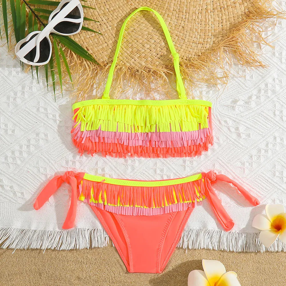 Girls Patchwork Fringe Bikini Swimsuit Kids Halter Top Two Piece Children's Swimwear 5-12 Years Tie Side Bathing Suit Beachwear