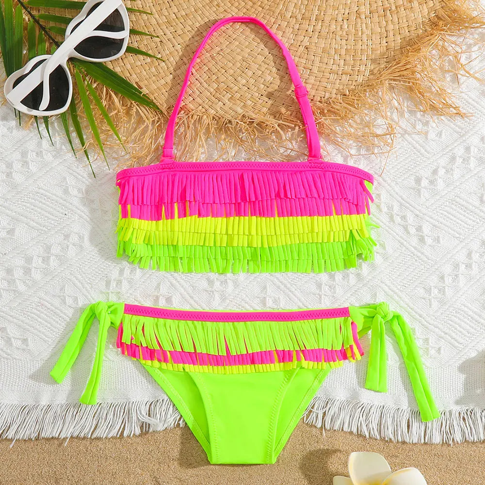 Girls Patchwork Fringe Bikini Swimsuit Kids Halter Top Two Piece Children's Swimwear 5-12 Years Tie Side Bathing Suit Beachwear