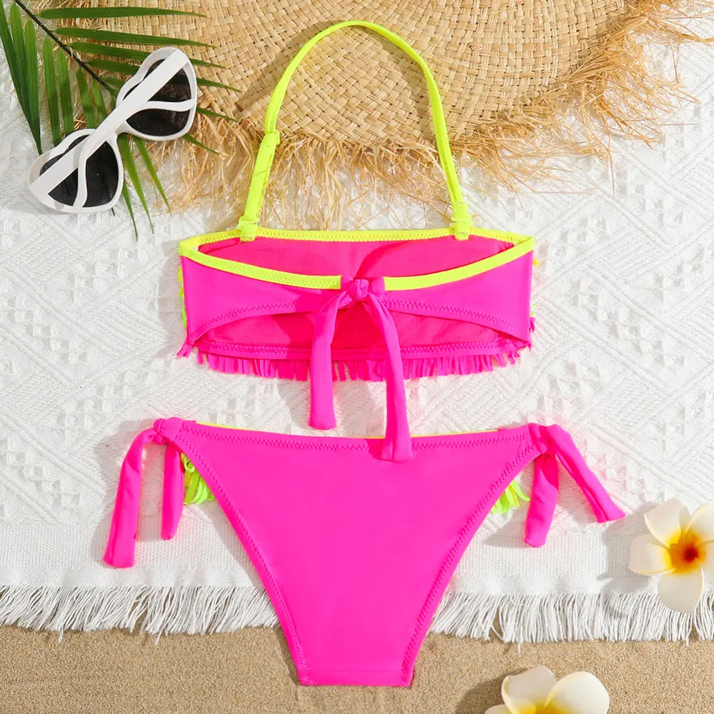 Girls Patchwork Fringe Bikini Swimsuit Kids Halter Top Two Piece Children's Swimwear 5-12 Years Tie Side Bathing Suit Beachwear