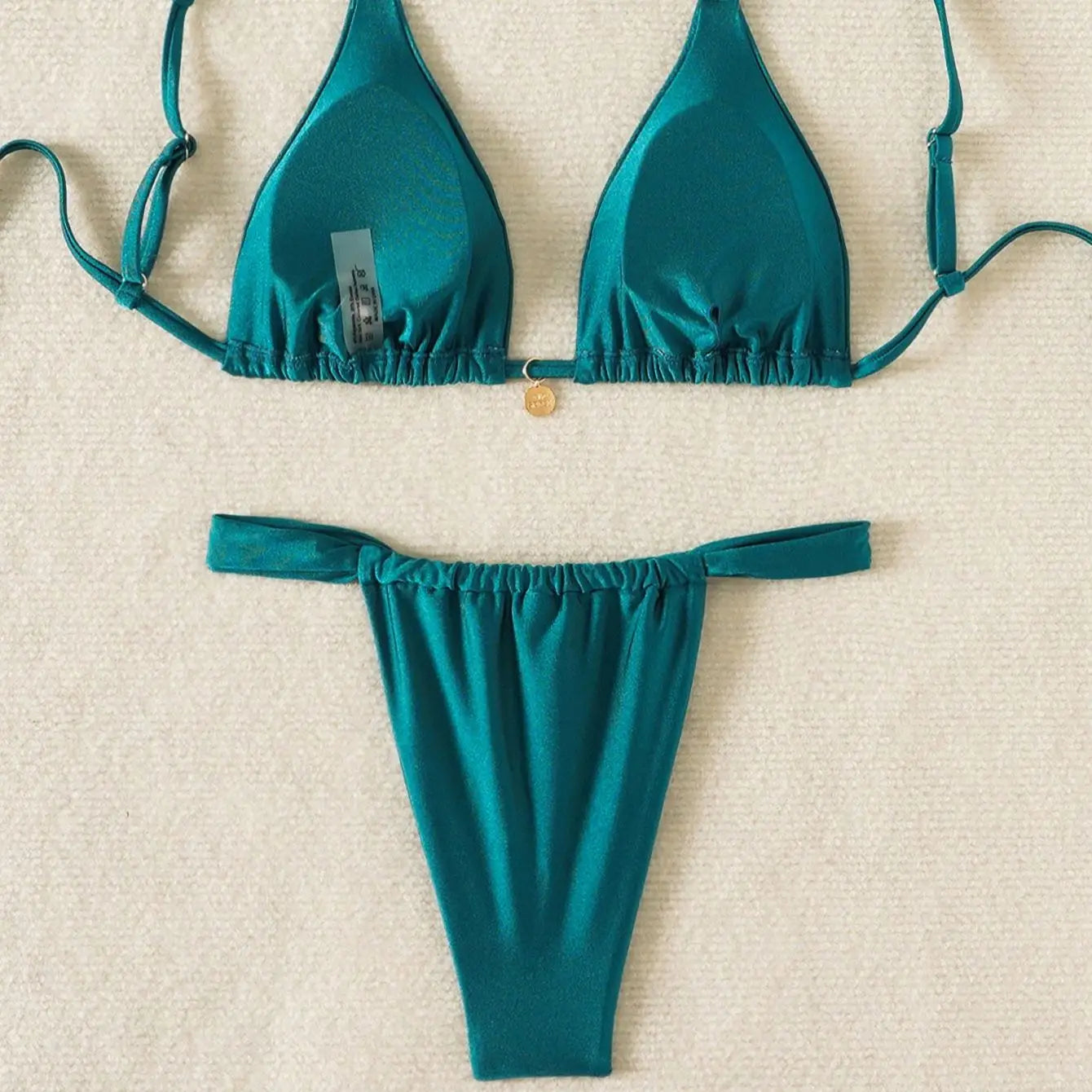 Green Drawstring Bikini Set Tie Straps Tong Triangle Pad Bra Sexy Swimming Suit Strip Swimwear