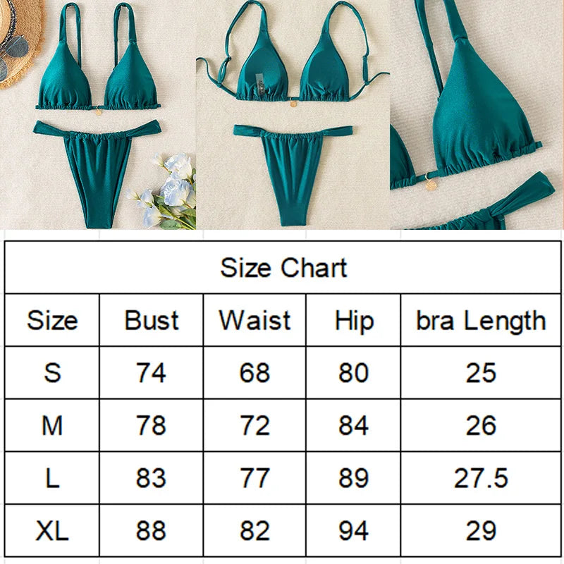 Green Drawstring Bikini Set Tie Straps Tong Triangle Pad Bra Sexy Swimming Suit Strip Swimwear