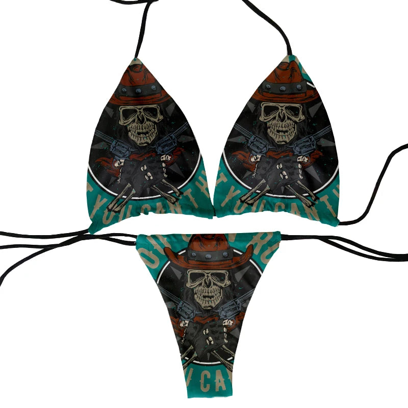 halter low waist skull pattern funny skull design bikini two-piece 3D printing swimsuit beach surfing