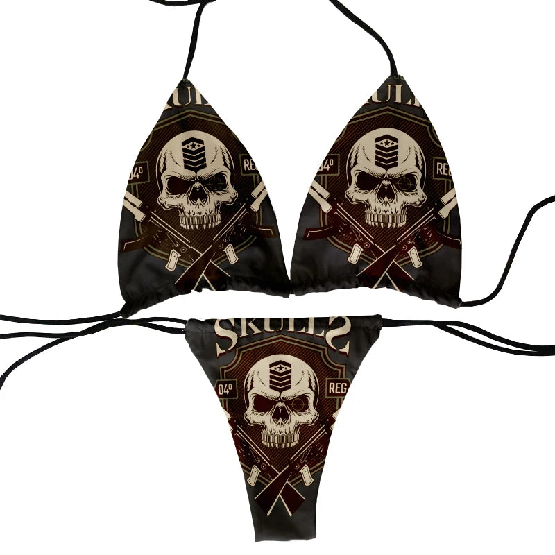 halter low waist skull pattern funny skull design bikini two-piece 3D printing swimsuit beach surfing