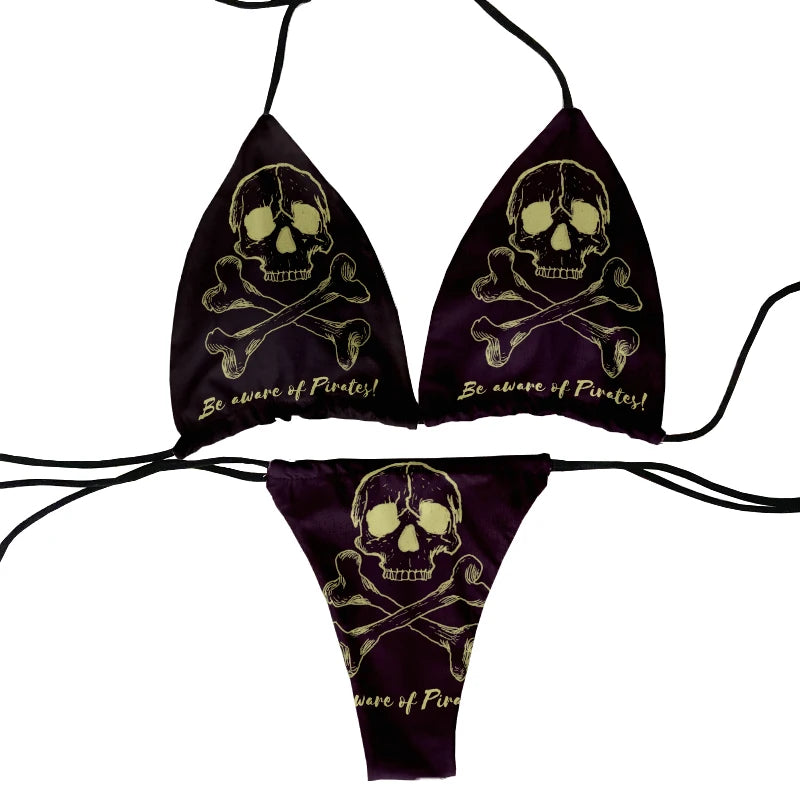 halter low waist skull pattern funny skull design bikini two-piece 3D printing swimsuit beach surfing