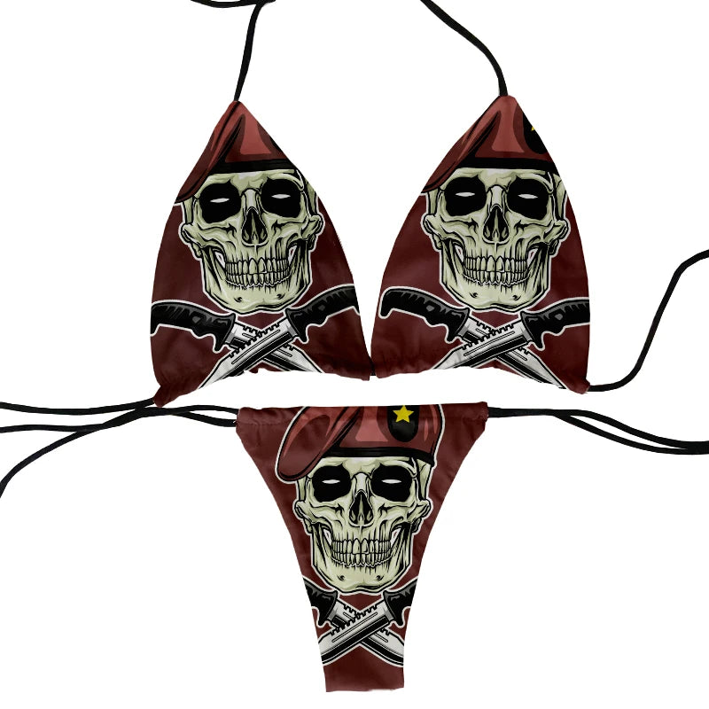 halter low waist skull pattern funny skull design bikini two-piece 3D printing swimsuit beach surfing