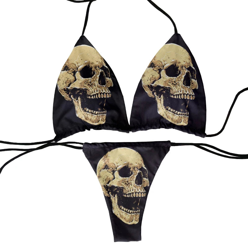 halter low waist skull pattern funny skull design bikini two-piece 3D printing swimsuit beach surfing