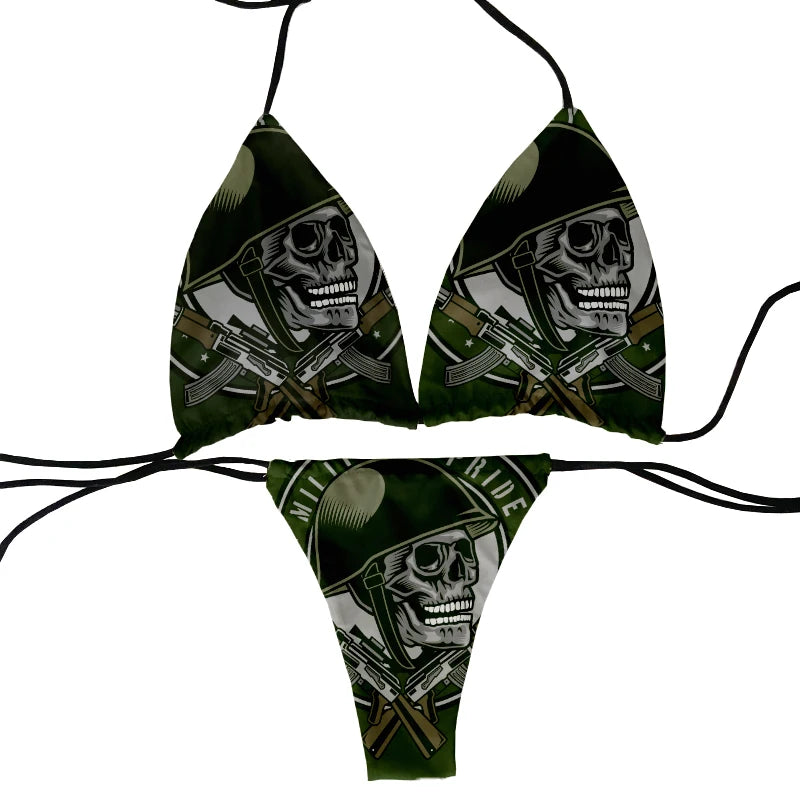 halter low waist skull pattern funny skull design bikini two-piece 3D printing swimsuit beach surfing