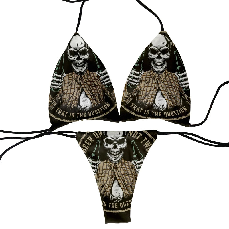 halter low waist skull pattern funny skull design bikini two-piece 3D printing swimsuit beach surfing