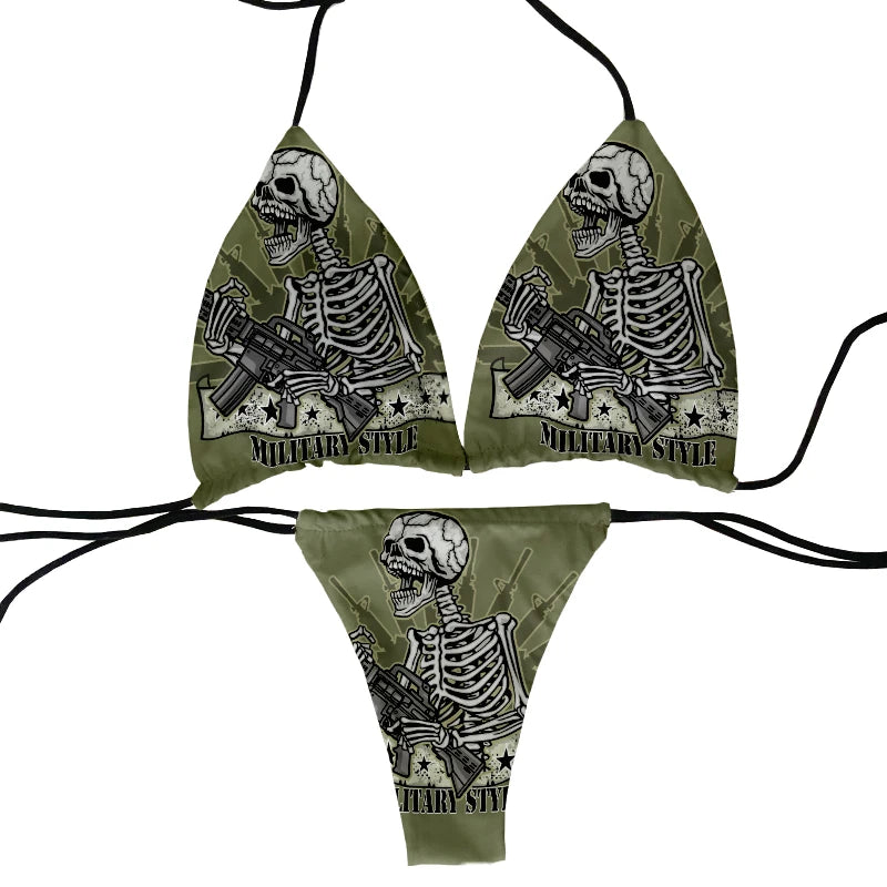 halter low waist skull pattern funny skull design bikini two-piece 3D printing swimsuit beach surfing