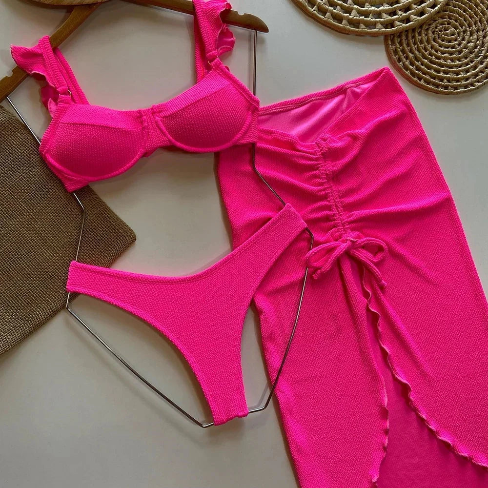 Micro 3 Pieces Bikini Sexy Ruffle Swimsuits Swimwear Bikini Set Brazilian Biquini Swimming Suit Beachwear