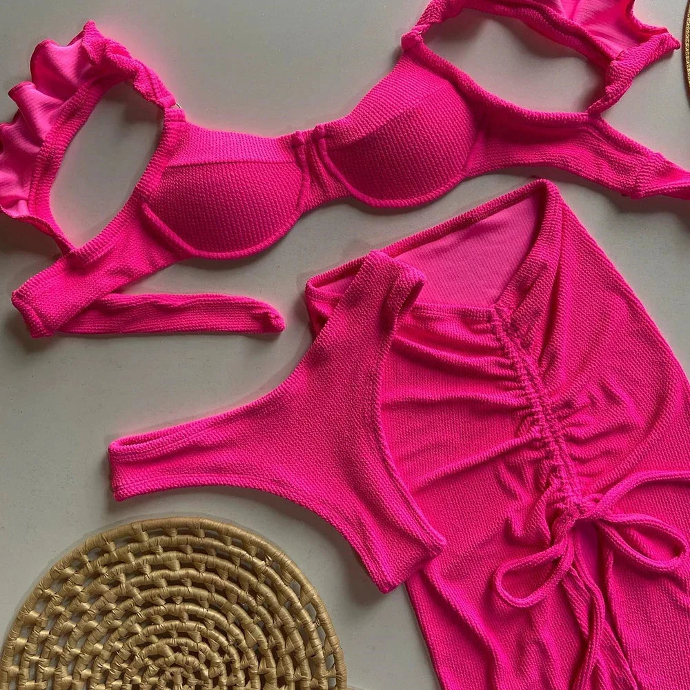 Micro 3 Pieces Bikini Sexy Ruffle Swimsuits Swimwear Bikini Set Brazilian Biquini Swimming Suit Beachwear