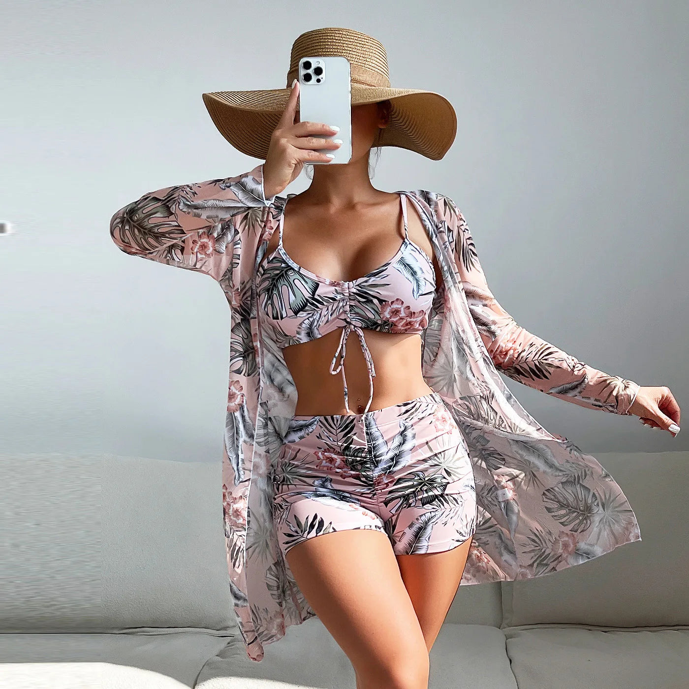 Swimsuit Split Three Piece Set High Waist Long Sleeve Ins Overshirt Drawstring Printed Bikini Suits