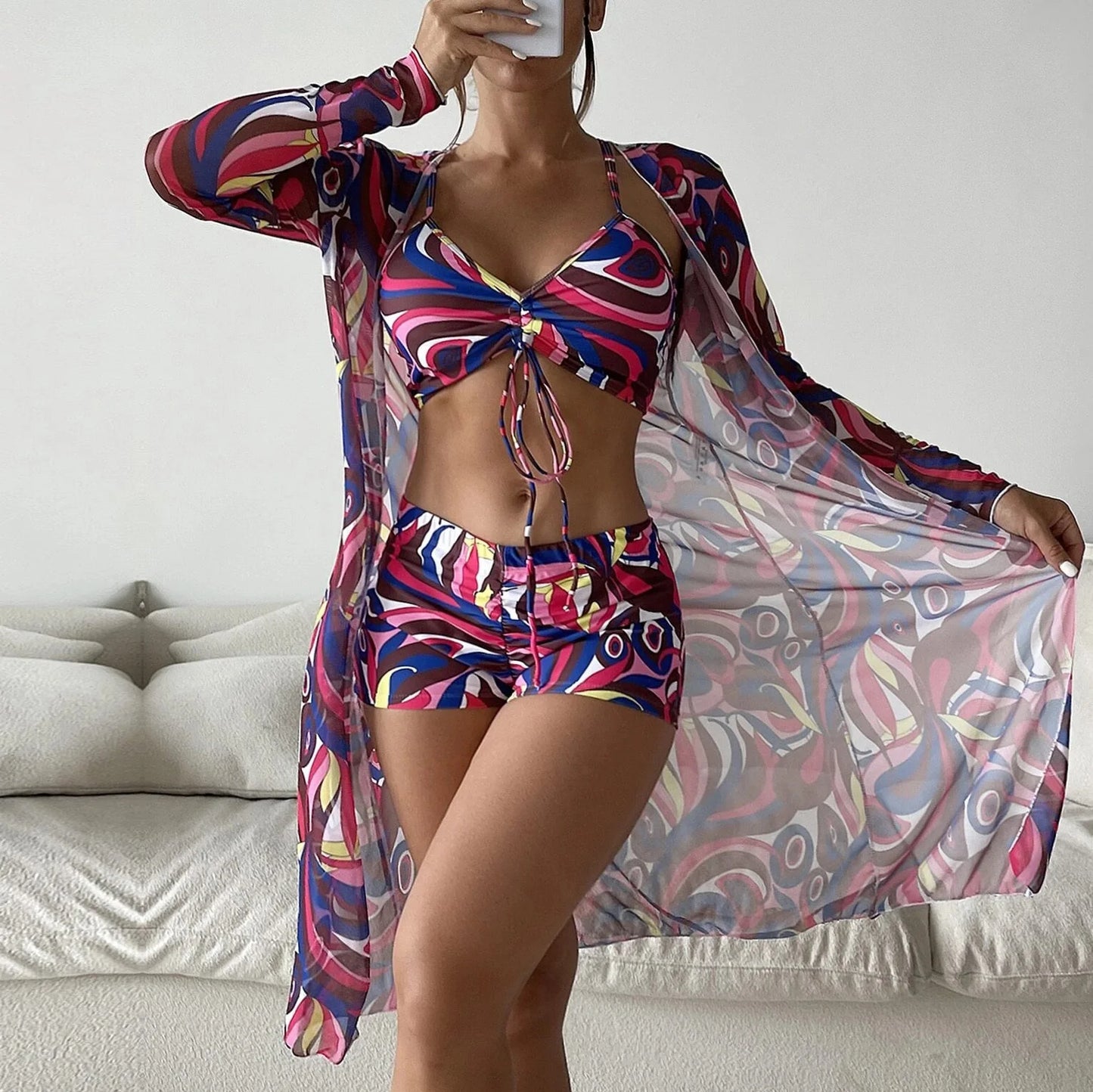 Swimsuit Split Three Piece Set High Waist Long Sleeve Ins Overshirt Drawstring Printed Bikini Suits