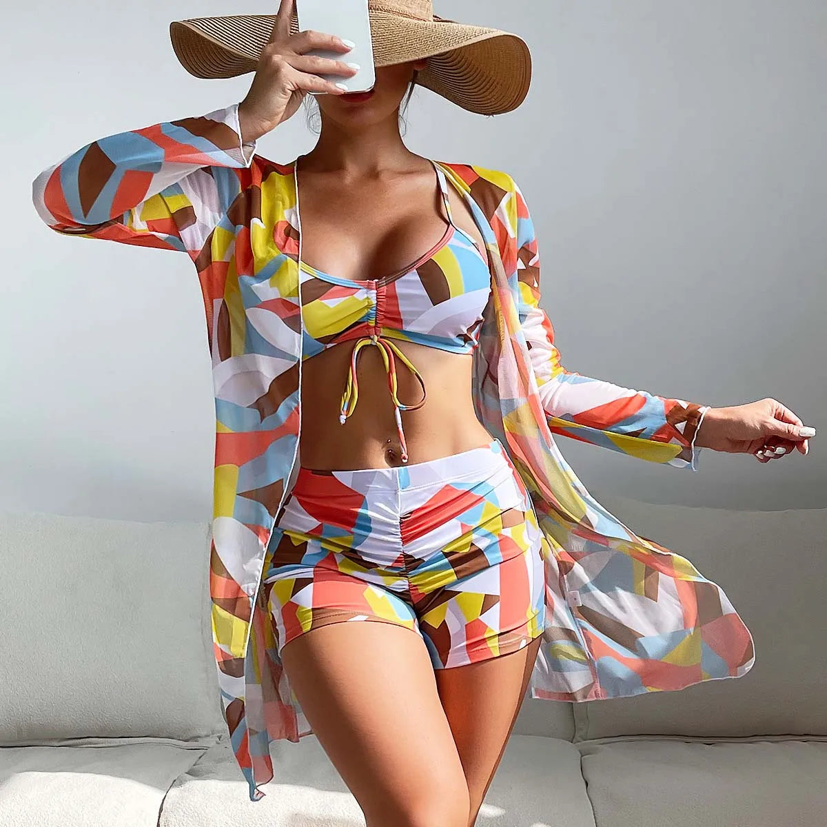 Swimsuit Split Three Piece Set High Waist Long Sleeve Ins Overshirt Drawstring Printed Bikini Suits