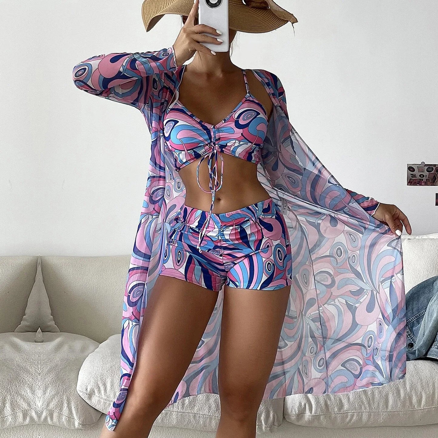 Swimsuit Split Three Piece Set High Waist Long Sleeve Ins Overshirt Drawstring Printed Bikini Suits