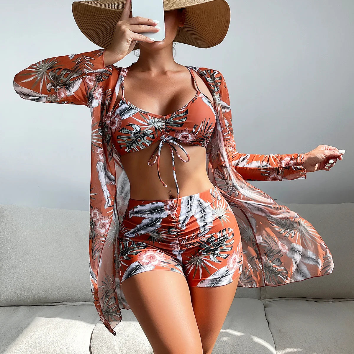 Swimsuit Split Three Piece Set High Waist Long Sleeve Ins Overshirt Drawstring Printed Bikini Suits