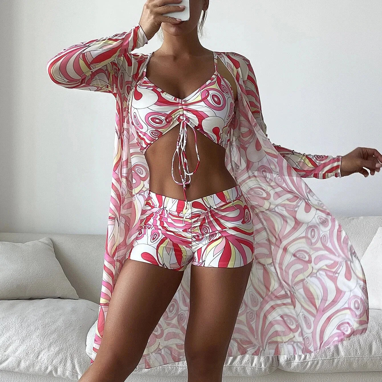 Swimsuit Split Three Piece Set High Waist Long Sleeve Ins Overshirt Drawstring Printed Bikini Suits