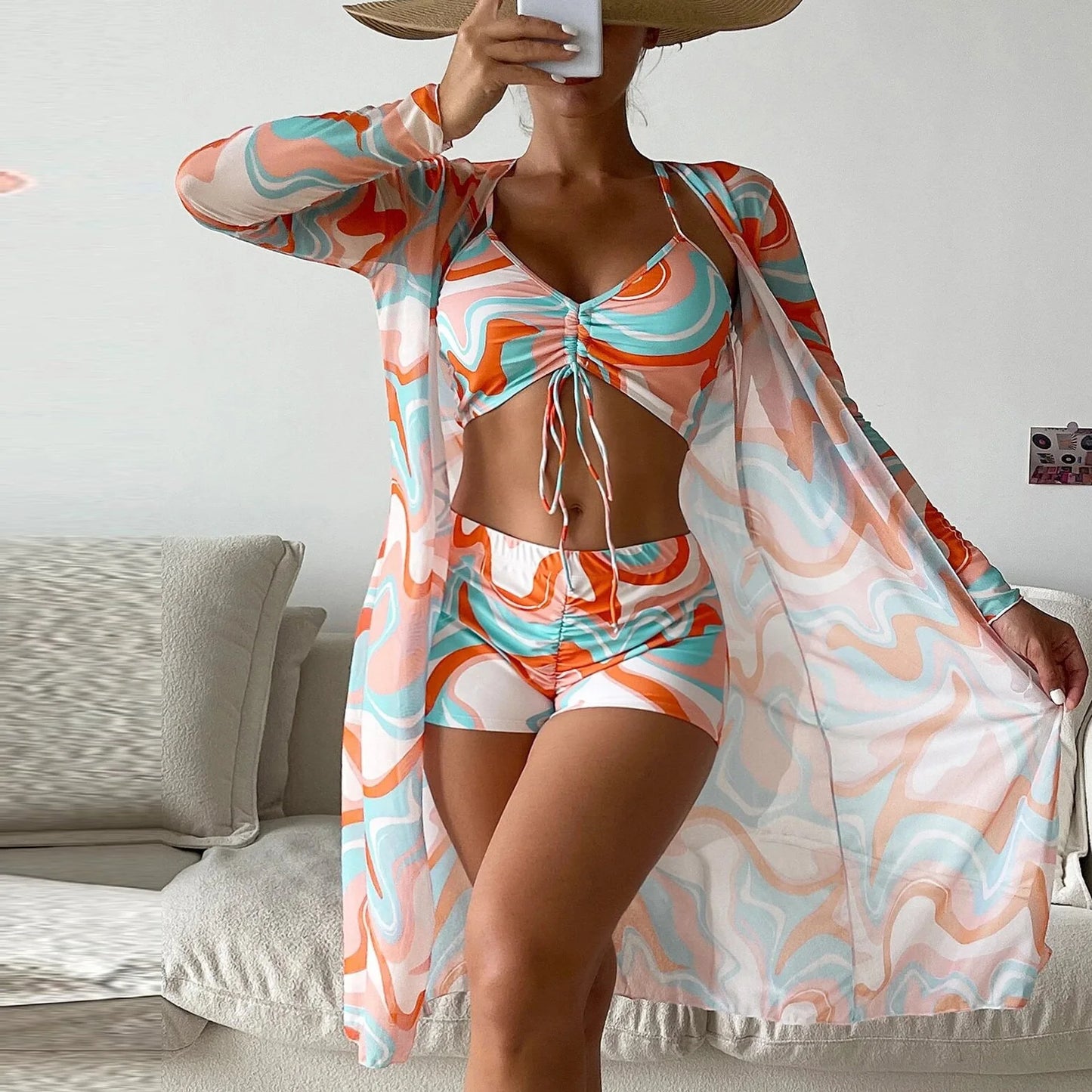 Swimsuit Split Three Piece Set High Waist Long Sleeve Ins Overshirt Drawstring Printed Bikini Suits