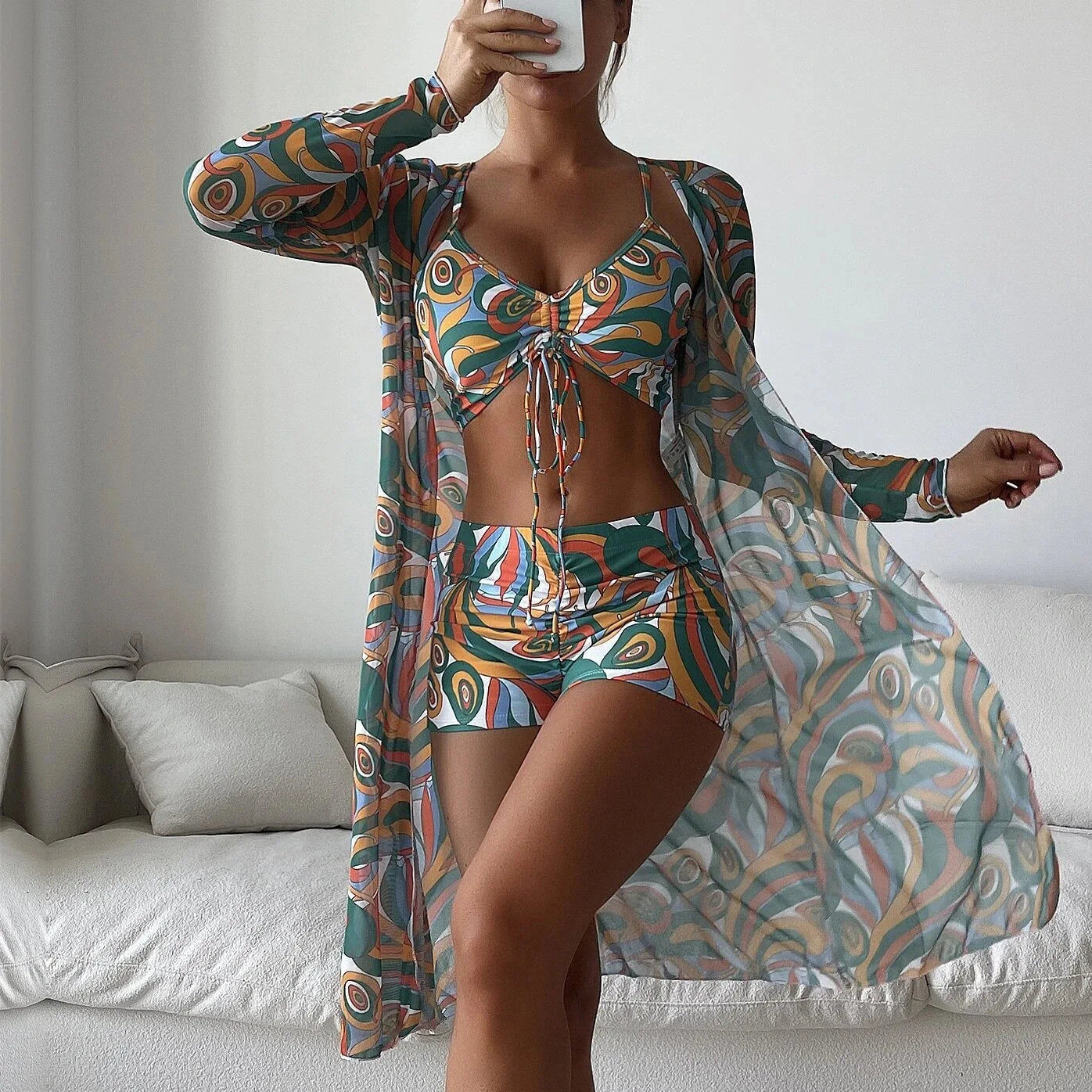 Swimsuit Split Three Piece Set High Waist Long Sleeve Ins Overshirt Drawstring Printed Bikini Suits