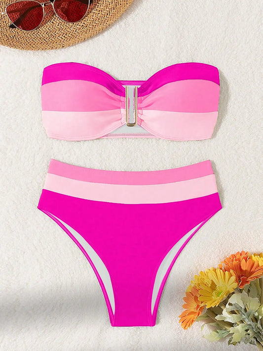 solid color patchwork strapless split swimsuit set bikini