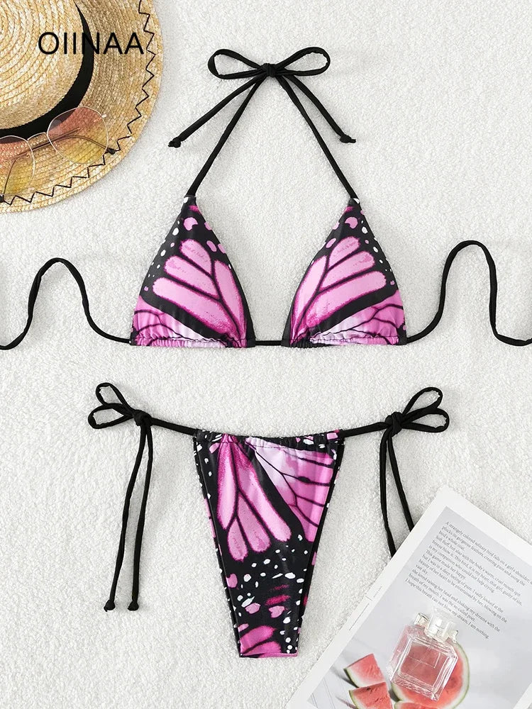 Bathing Suit Sexy Butterfly Printed Swimsuit Halter Lace Up Bikini Set Drawstring Two-pieces Thong Split Biquinis