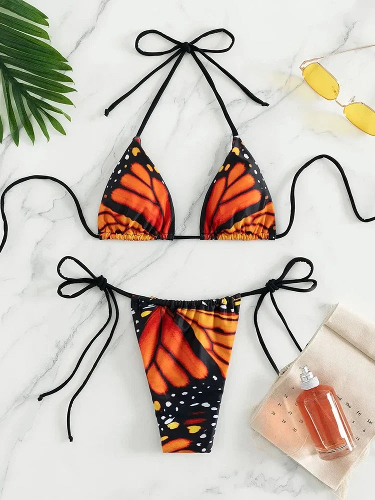 Bathing Suit Sexy Butterfly Printed Swimsuit Halter Lace Up Bikini Set Drawstring Two-pieces Thong Split Biquinis