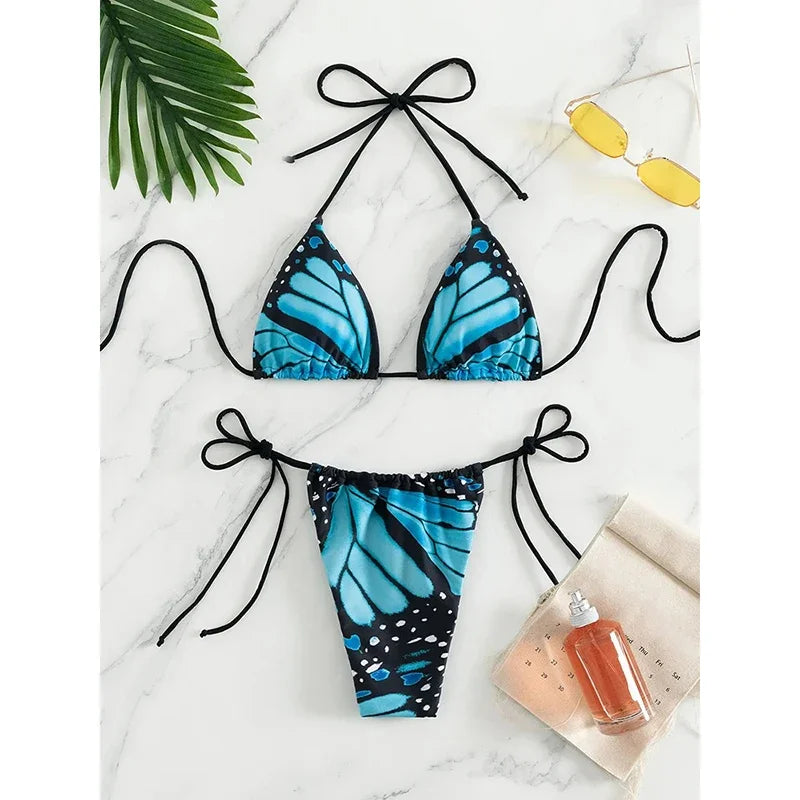 Bathing Suit Sexy Butterfly Printed Swimsuit Halter Lace Up Bikini Set Drawstring Two-pieces Thong Split Biquinis