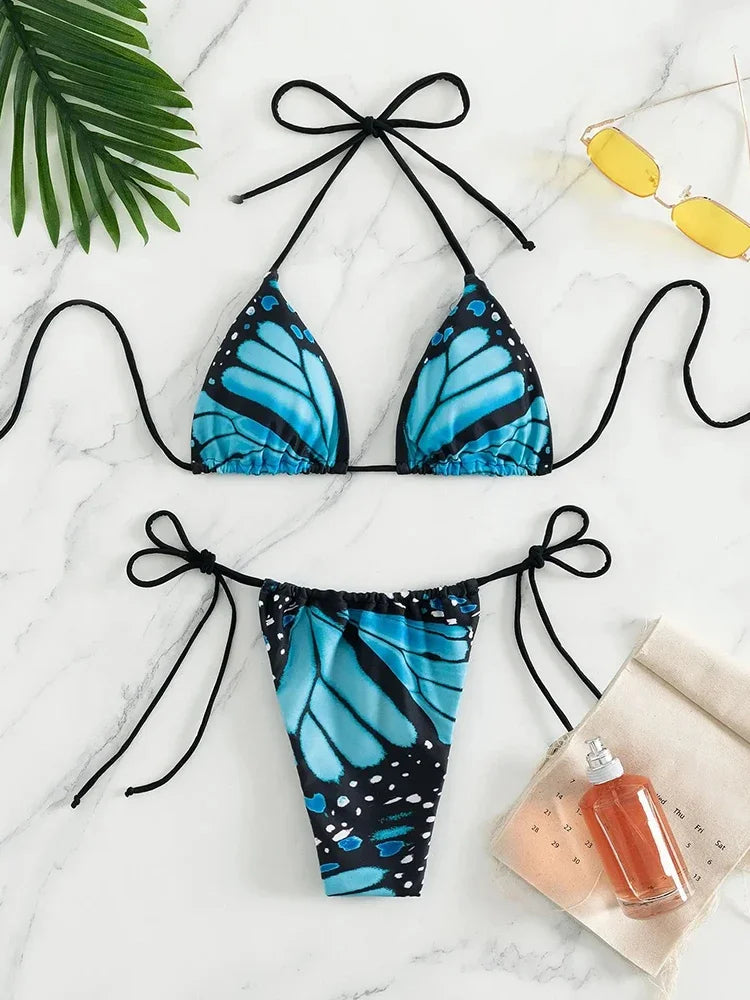 Bathing Suit Sexy Butterfly Printed Swimsuit Halter Lace Up Bikini Set Drawstring Two-pieces Thong Split Biquinis