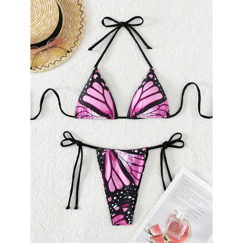 Bathing Suit Sexy Butterfly Printed Swimsuit Halter Lace Up Bikini Set Drawstring Two-pieces Thong Split Biquinis