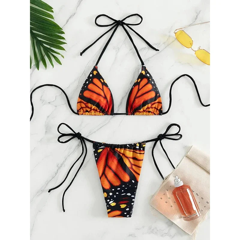 Bathing Suit Sexy Butterfly Printed Swimsuit Halter Lace Up Bikini Set Drawstring Two-pieces Thong Split Biquinis