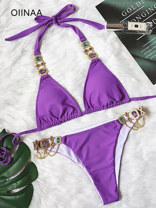 Bathing Suit Sexy Purple Swimwear Halter Diamonds Bikini Set Glitter Sparkling Lace Up Two-piece Biquinis