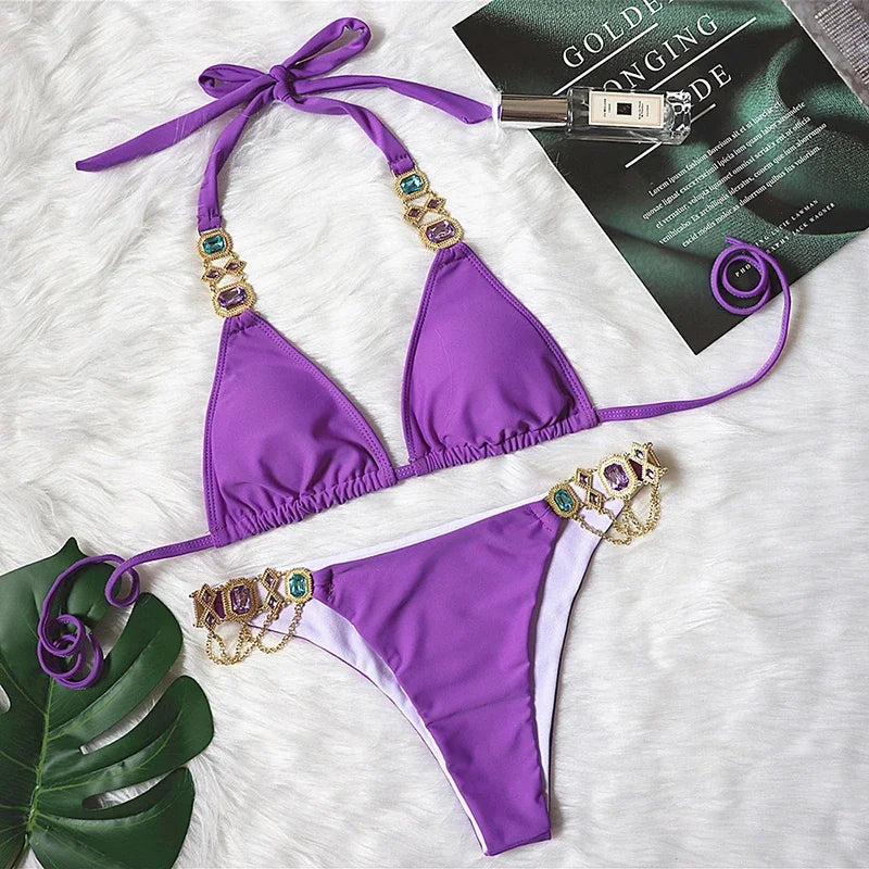 Bathing Suit Sexy Purple Swimwear Halter Diamonds Bikini Set Glitter Sparkling Lace Up Two-piece Biquinis