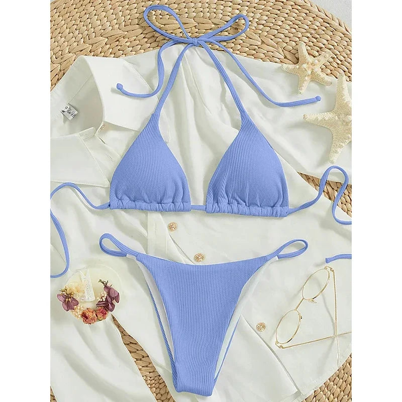 Bathing Suit Women Sexy Solid Halter Swimsuit Special Stripe Fabric Bikini Set Drawstring Lace Up Two-piece Split Biquini