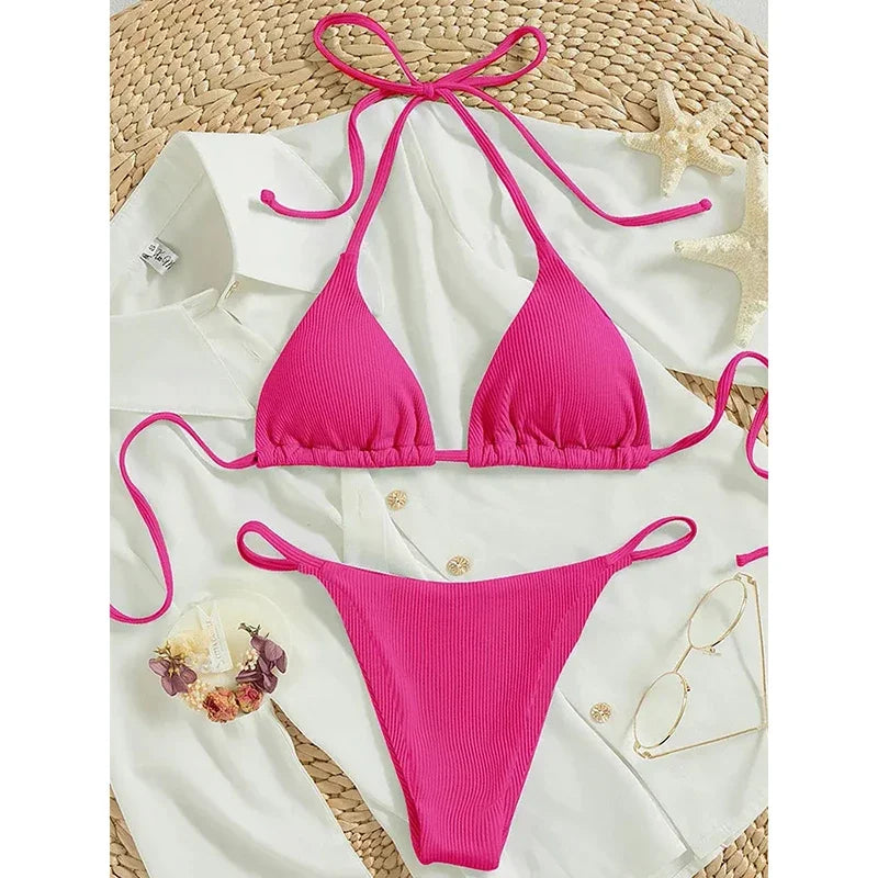 Bathing Suit Women Sexy Solid Halter Swimsuit Special Stripe Fabric Bikini Set Drawstring Lace Up Two-piece Split Biquini