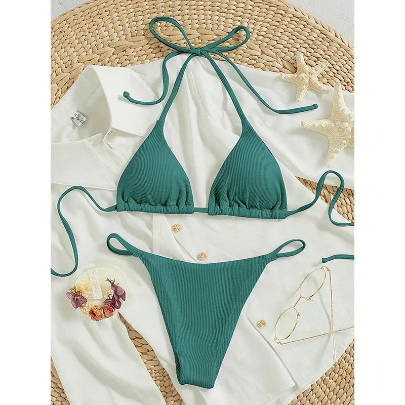 Bathing Suit Women Sexy Solid Halter Swimsuit Special Stripe Fabric Bikini Set Drawstring Lace Up Two-piece Split Biquini