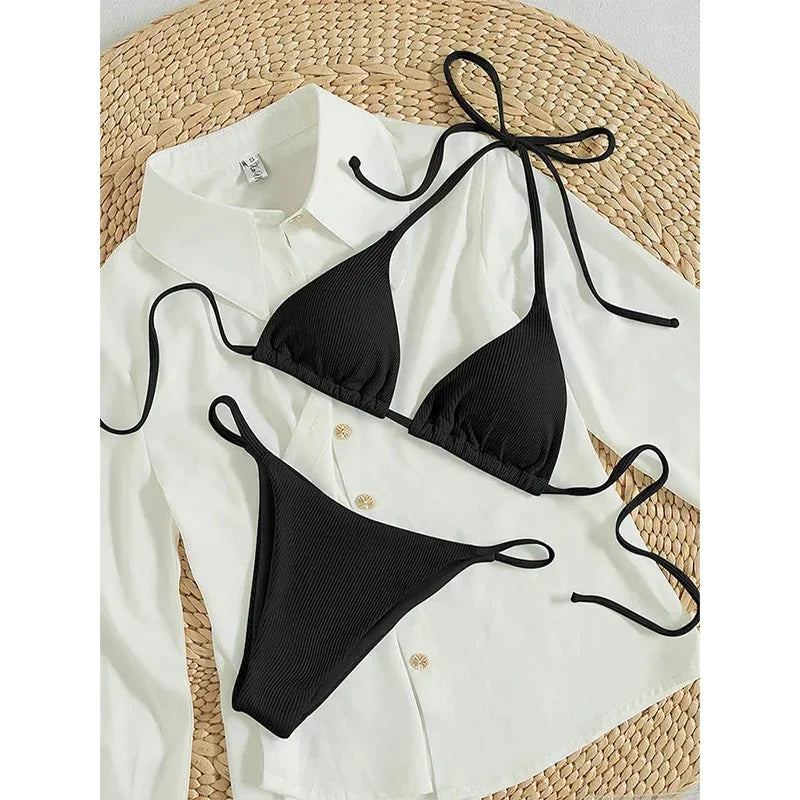 Bathing Suit Women Sexy Solid Halter Swimsuit Special Stripe Fabric Bikini Set Drawstring Lace Up Two-piece Split Biquini