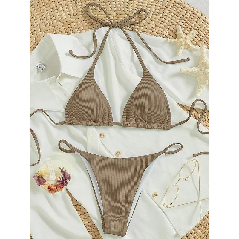 Bathing Suit Women Sexy Solid Halter Swimsuit Special Stripe Fabric Bikini Set Drawstring Lace Up Two-piece Split Biquini