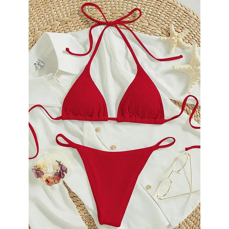 Bathing Suit Women Sexy Solid Halter Swimsuit Special Stripe Fabric Bikini Set Drawstring Lace Up Two-piece Split Biquini