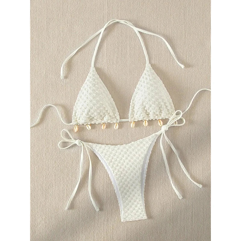 Bathing Suit Sexy Solid Shell Bikini Set Drawstring Side Bow Tie Beachwear Summer Halter Lace Up Two-piece Swimwear