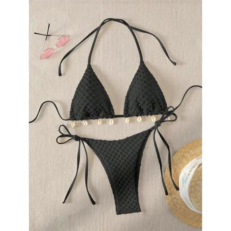 Bathing Suit Sexy Solid Shell Bikini Set Drawstring Side Bow Tie Beachwear Summer Halter Lace Up Two-piece Swimwear